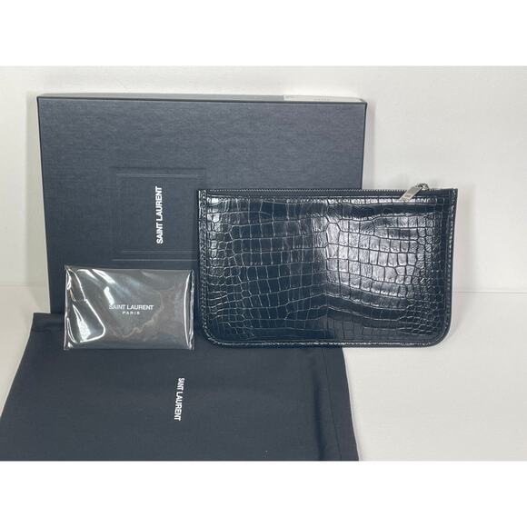 NEW! SAINT LAURENT CROC BLACK LEATHER ZIP YSL POUCH BAG WALLET CARD HOLDER BOX! - Picture 3 of 8